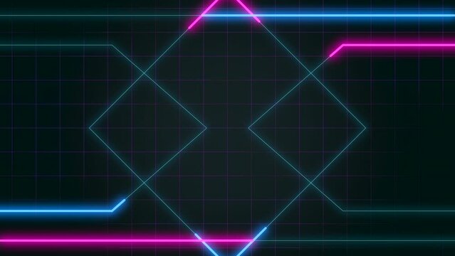 Digital computer screen with neon lines and grid, motion abstract business, corporate and retro style background