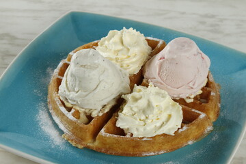 Waffles with ice cream and whipped butter on a plate