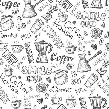 Seamless pattern with coffee. Various words, mugs and signs on coffee theme, on white background. Texture with doodle coffee symbols, decor, monochromatic hand drawn wallpaper.