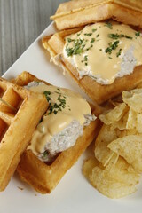 Tuna melt waffle sandwich with chipes