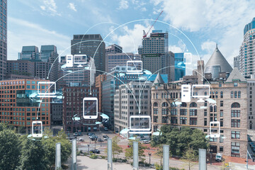 Financial downtown city view panorama of Boston from Harbor area at day time, Massachusetts. Glowing Social media icons. The concept of networking and establishing new connections between people