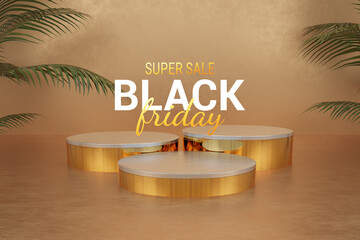 Black Friday 3d podium platform for product presentation and product display on gold background