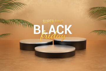 Black Friday 3d podium platform for product presentation and product display on gold background