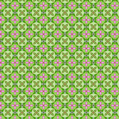 Cute abstract pattern with simple floral and geometric motifs in bright green and pink