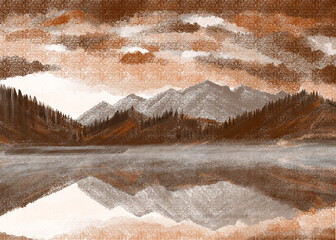 Horizontal summer landscape with a lake and a reflection of the sky and forest rune drawing in brown tones. Poster with forest and sunset bay.