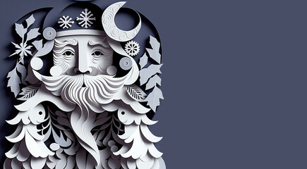 Santa Claus portrait paper art and craft style card, Merry Christmas and Happy New Year with copy space. 3D Illustration