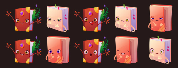 Emoji icons with books characters. Different emotions of paper books with face, hands, stickers and plant branches between pages, vector cartoon set isolated on black background