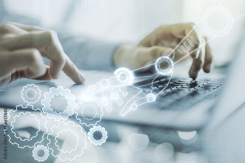 Aufkleber double exposure of robotics technology hologram and hands typing on laptop on background. research a
