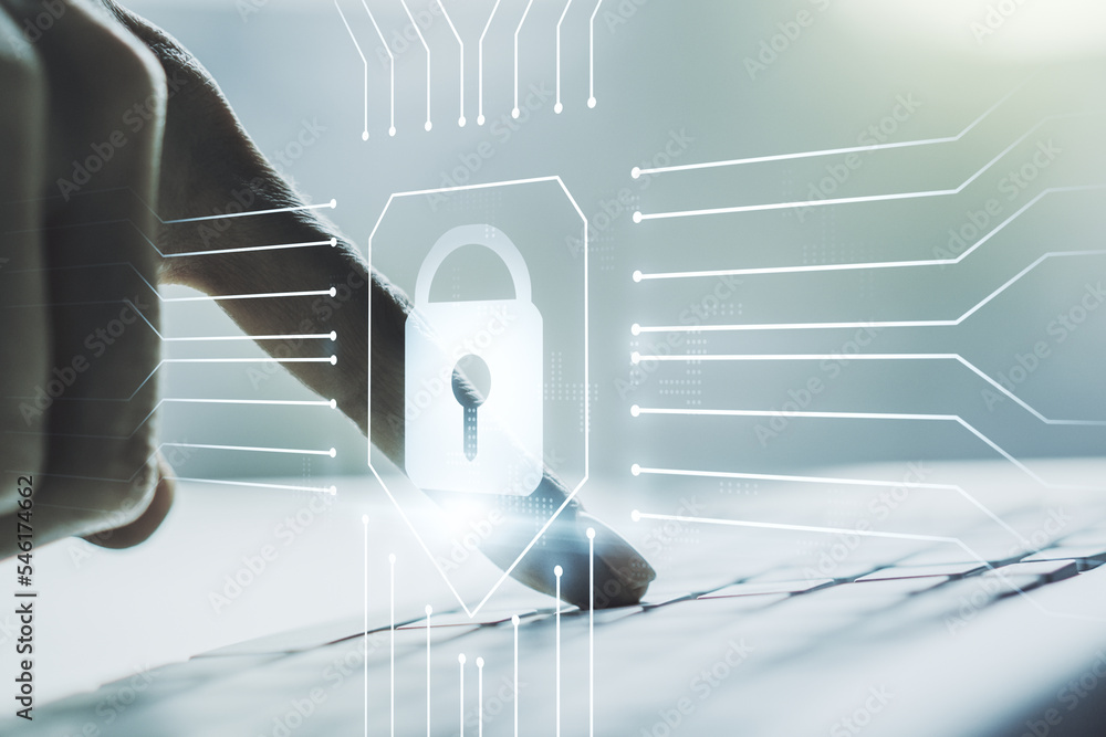 Poster double exposure of creative lock hologram with chip and hands typing on laptop on background. inform