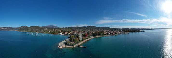 Aerial view of Bardolino, Lake Garda. Beach Punta Cornicello overlooking Lake Garda, Italy.