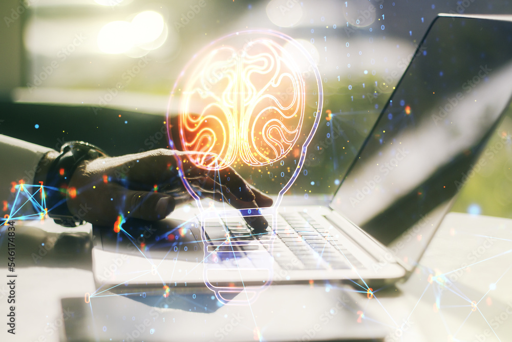 Aufkleber creative light bulb illustration with human brain and with hands typing on computer keyboard on back