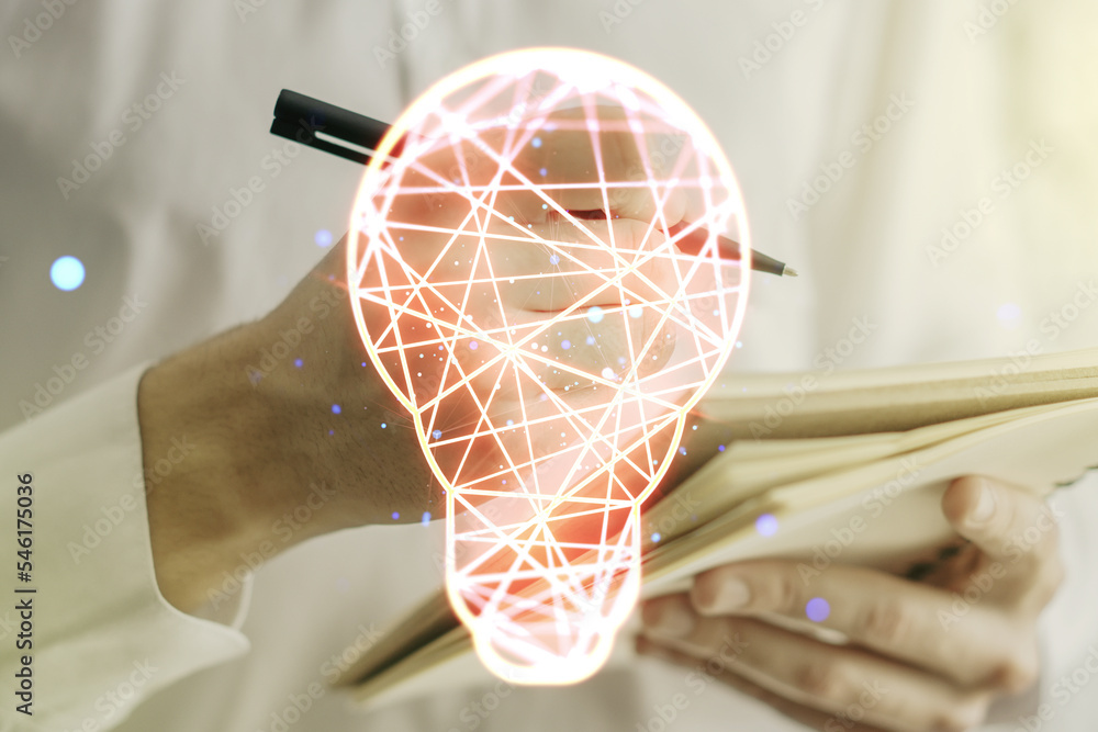 Poster double exposure of creative light bulb hologram with hand writing in diary on background, research a