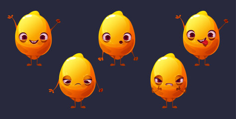 Cute lemon cartoon character face emoji set. Funny citrus fruit ui comic game personage, happy, rejoice, upset, sad, surprised, show tongue and angry emotions. Healthy food mascot, Vector illustration