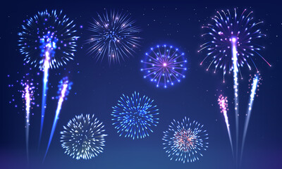 Bright Violet And Blue Vector Fireworks In The Night Sky.