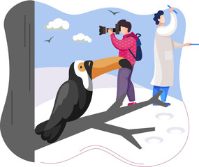 Ecologists scientists conduct research, take care of Earth and nature. Researcher study flora fauna and environment. Air, soil and water protection. Professional ecological activist photographing bird