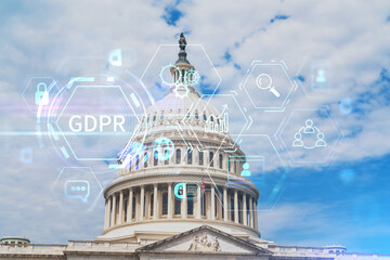 Fototapeta na wymiar Capitol dome building exterior, Washington DC, USA. Home of Congress and Capitol Hill. American political system. GDPR hologram, concept of data protection regulation and privacy for all individuals