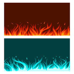 Two vector banners with red and blue flames. Horizontal flyer, template, poster. Design for social media, top of website.
