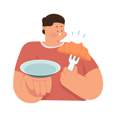 Man eating croissants  Cartoon vector illustration.