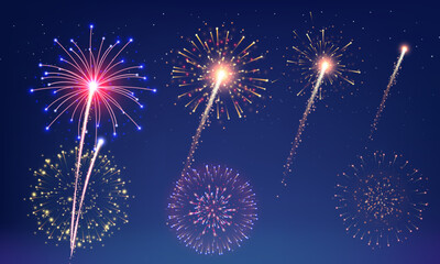 Celebration amazing golden yellow fireworks over night sky. Independence Day, New Year holidays background