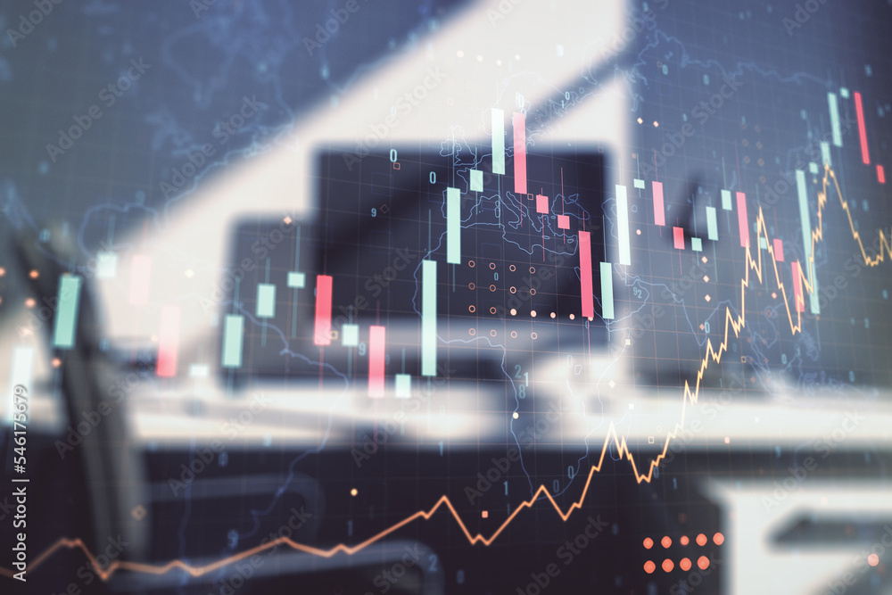 Poster abstract creative financial graph with world map and modern desktop with computer on background, for