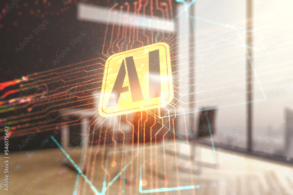 Poster double exposure of creative artificial intelligence icon and modern desktop with laptop on backgroun
