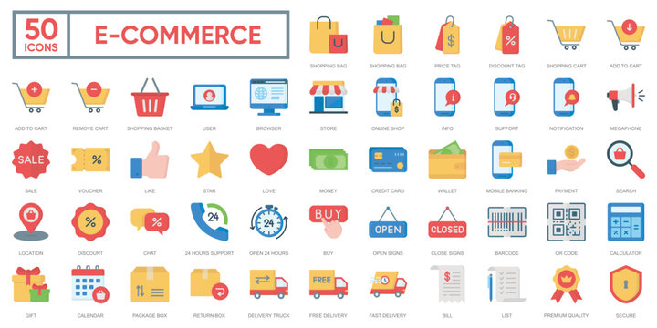 E-Commerce flat icons. 50 E-commerce, online shopping and delivery icon. Flat icons collection