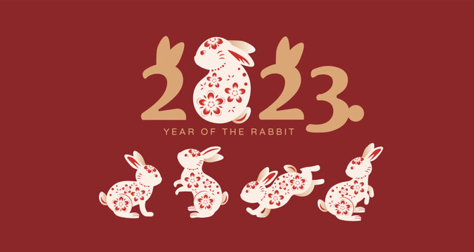 Happy Chinese New Year 2023, zodiac rabbit sign year of the rabbit paper cut art craft style. 