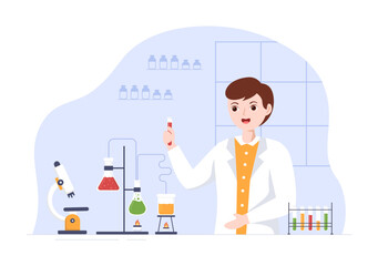 Laboratorium with Conducting Research Scientific, Experimentation and Measurement in a Lab in Flat Cartoon Hand Drawn Templates Illustration