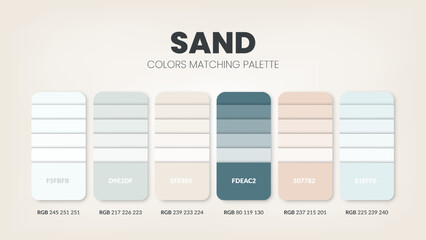 Color palette in Sand colour theme collections. Color scheme or colors chart template. Color combination set of RGB, HSL and HEX codes. Color swatch for art, fashion, home design, or web design.