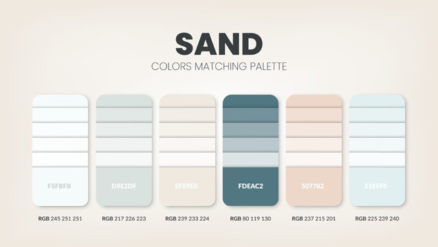 Color palette in Sand colour theme collections. Color scheme or colors chart template. Color combination set of RGB, HSL and HEX codes. Color swatch for art, fashion, home design, or web design.