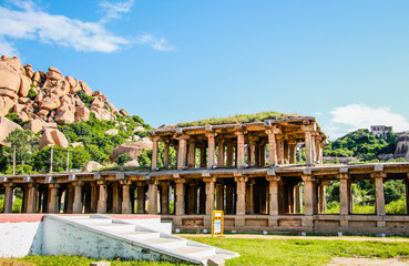 Two storey stone mantapa in Bazaar in the Unesco World Heritage town Hampi in Karnataka