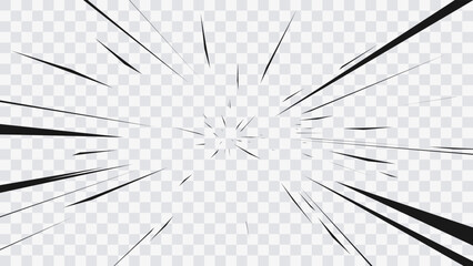 Abstract comic book flash explosion radial lines on transparent background. Vector illustration superhero design. Bright black light strip burst. Flash ray blast glow. Speed lines Manga frame. Anime