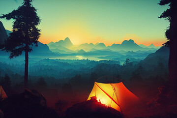  firewatch wallpaper background. beautiful scenery landscape graphic design. camping