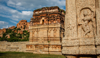 Achyutaraya temple entrance  with sculptures hampi karnataka india. unesco world heritage site
