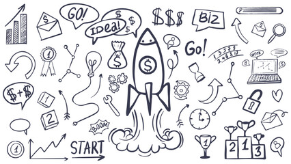 Set of vector doodle element related to startup. Set of hand drawn fresh tech company symbols and icons. Management concept with Doodle design style. Hand drawn business symbols.