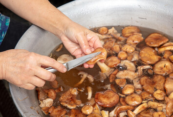 Cleaning mushrooms with a knife.