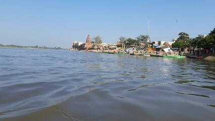 Yamuna River view from the boat in the day at Vrindavan, Krishna temple Kesi Ghat on the banks of the Yamuna River in the town of Vrindavan, Boating at Yamuna River Vrindavan