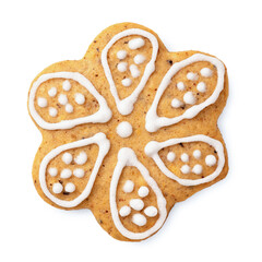 Decorated Christmas gingerbread cookie isolated on white from above.