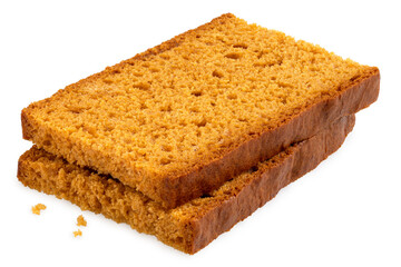 Stack of two slices of spiced honey cake isolated on white.