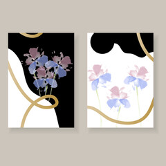 Set of minimalistic elegant wall decor posters. Black, white and gold background and flowers with watercolor effect. Creative templates for parties, cards, posters, covers, home decor.