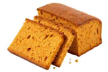 Two slices of spiced honey cake next to a loaf of honey cake isolated.