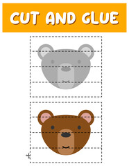 Cut and glue game for kids . Bear puzzles. Children funny entertainment and amusement.Vector illustration. Cutting practice for preschoolers