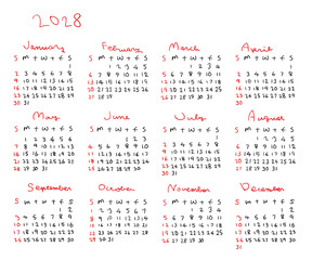 Fototapeta na wymiar 2028年シンプル手描きカレンダー