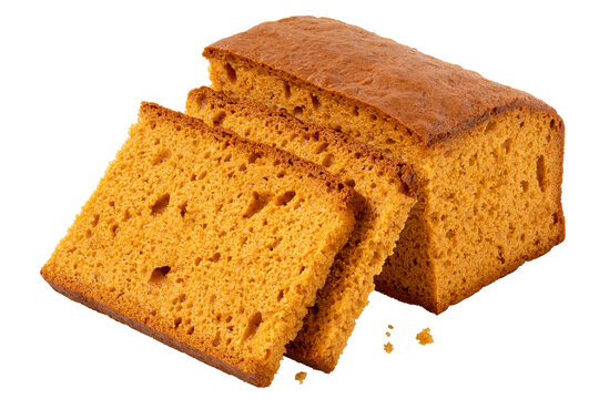 Two slices of spiced honey cake next to a loaf of honey cake isolated.