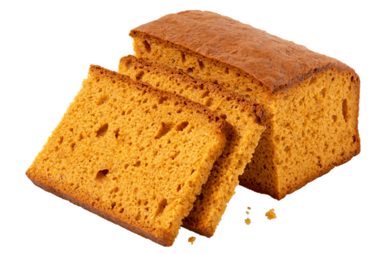 Two slices of spiced honey cake next to a loaf of honey cake isolated.