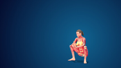 3D human Upavesasana or Squat—Sitting-Down yoga pose on blue background