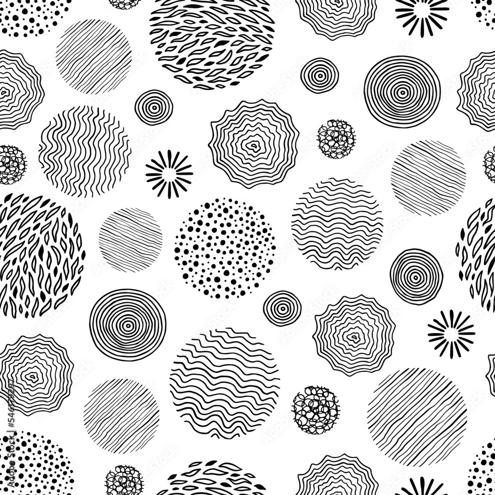Poster hand drawn black, white circle seamless pattern. doodle style abstracrt textured scribble, stripped,