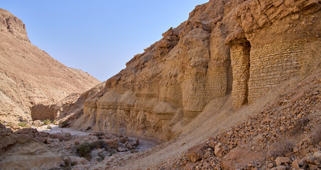 Desert landscape of a dry stream Asa'el in the Judean desert near Dead Sea coast. Impressive high vertical sandstone walls of the canyon.