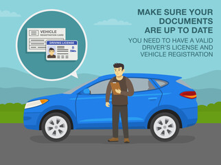 Safe car driving tips and traffic regulation rules. Young male driver checking the documents. Make sure your documents are up to date. Flat vector illustration template.