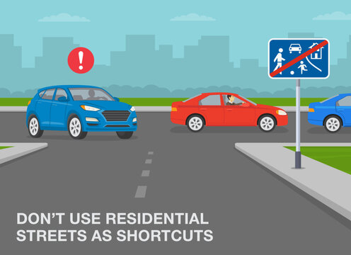Safe car driving tips and traffic regulation rules. Suv turns right on road to escape traffic jam. Don't use residential streets as shortcuts. Flat vector illustration template.